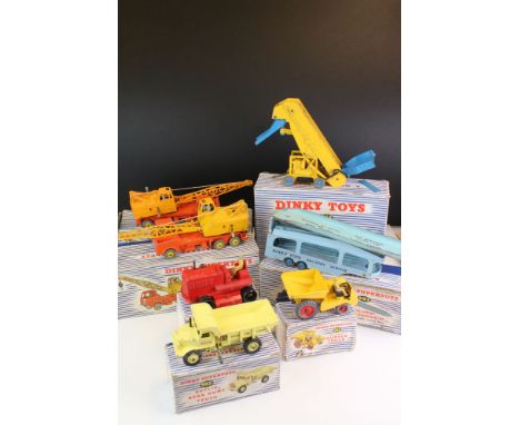 Seven boxed Dinky Supertoys diecast models, all showing play wear and tatty boxes, includes 964 Elevator Loader, 962 Muir Hil