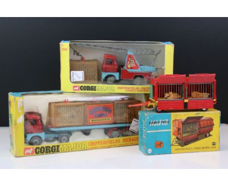 Three boxed Corgi Chipperfield Circus diecast models to include 1139 Chipperfields Menagerie Scammel Handyman mk3 Tractor Uni