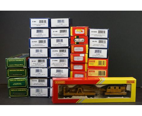 36 Boxed OO gauge items of rolling stock to include Hornby Railroad R6369 Breakdown Crane, coaches, vans &amp; wagons, featur