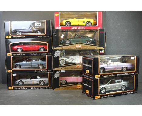 Ten Boxed Maisto 1:18 diecast models to include Jaguar XKR, 1971 Chevrolet Chevelle SS454, Mercedes Benz 500 K TYP Specialroa