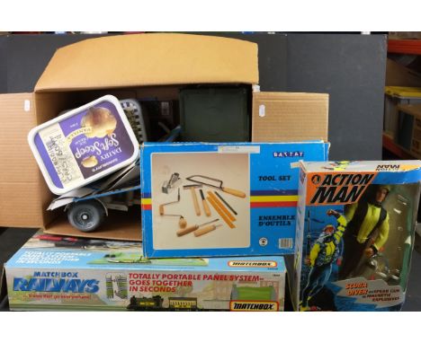 Collection of mixed toys to include Matchbox Railway, Action Man Scuba Diver, Action Man Moon Raker, Captain Scarlett, Space 