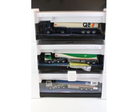 Three cased Corgi Modern Trucks diecast models to include 75301 Leyland-DAF Tanker - Q8, 75103 ERF Tanker - BP &amp; 75101 ER