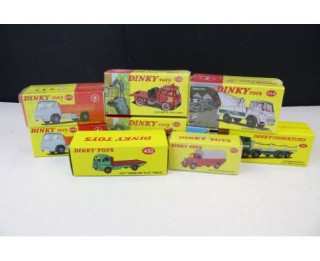 Eight boxed Dinky Atlas Editions diecast commercial vehicle models, some sealed, to include 413 Austin Covered Wagon, 425 Bed