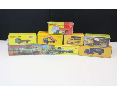 Eight boxed Dinky Atlas Editions diecast commercial vehicle models, some sealed, to include 25JJ Ford Camion Bache, 32AB Trac