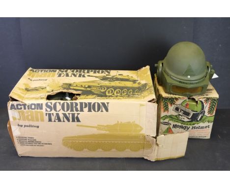 Boxed Remco Monkey Helmet, item with writing and owners name applied, plus a boxed Palitoy Action man Scorpion Tank, both box