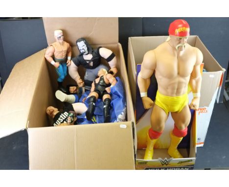 Large collection of WWE / WCW collectibles &amp; accessories to include Wicked Cool Toys Giant Size Hulk Hogan, Belts, ring i