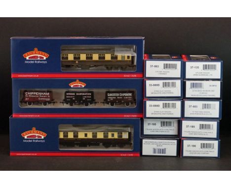 13 boxed Bachmann OO gauge items of rolling stock to include 37-063 5 Plank Wagon J.Skinner, 39-154C BR Mk1 FK Coach, 37-185 