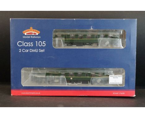 Boxed Bachmann OO gauge 31326 DCC Class 105 Two Car DMU BR green with Speed Whiskers, complete, appears unused, showing some 