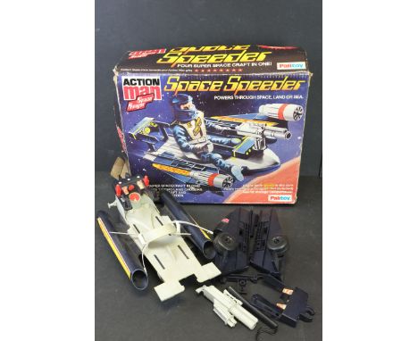 Boxed Palitoy Action Man Space Ranger Space Speeder vehicle, with accessories, tatty box 