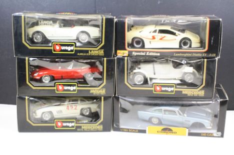 Six boxed diecast 1:18 models, to include Burago 3015 Mercedes 300SL, 3006 Jaguar SS 100, 3010 Lancia Aurelia B24 Spider, 300