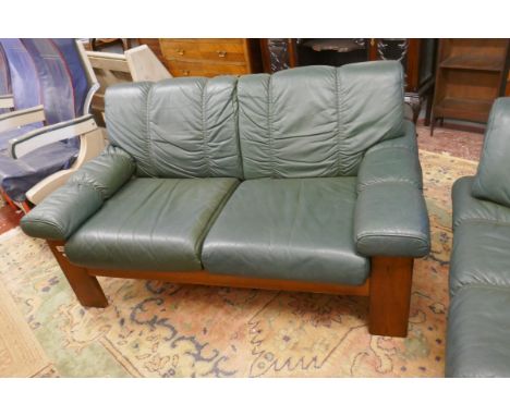 Teak framed &amp; green leather Ekornes / Stressless 2 seater sofa