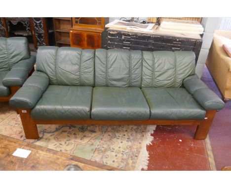 Teak framed &amp; green leather Ekornes / Stressless 3 seater sofa