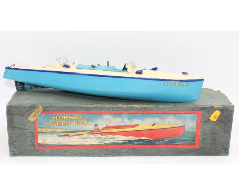 A Hornby clockwork No. 3 Racer 3 Speedboat, comprising of two-tone blue and cream body with Racing No. 3 transfer to front, w