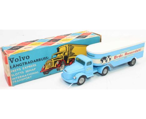 Tekno No.435 Volvo International Transport Lorry, light blue, white roof, silver-painted metal hubs, "Brdr. Rosendahl" livery