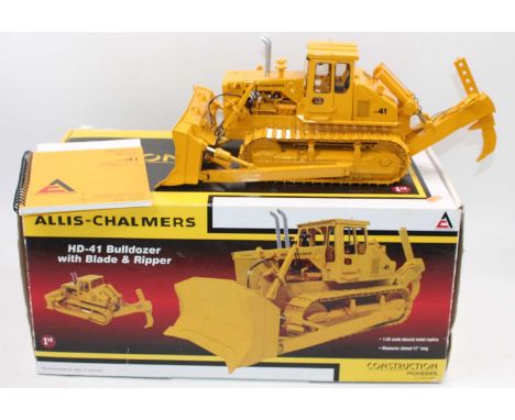 First Gear, 1/25th scale diecast model of an Allis-Chalmers HD-41 Bulldozer with blade and ripper, finished in yellow, in the