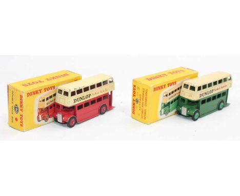 Dinky Toys no.290 Double-deck buses x2 boxed, one in red and cream in a correct red spot box, one in green and cream with inc