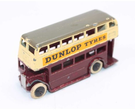 Dinky Toys, 29C Dunlop Double Decker Bus, cream upper body, maroon lower body with grey roof, black smooth hubs and white tyr