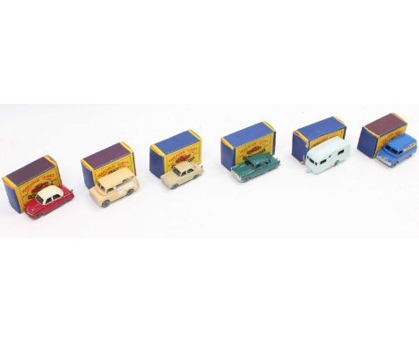A small tray containing 6 Matchbox models all in worn but complete "Moko Lesney" boxes as follows: No.33 Ford Zodiac in dark 