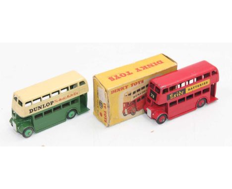 Dinky Toys no.290 Double-deck buses x2, one in red and cream with "Exide Batteries" livery (incorrect poor box but complete w