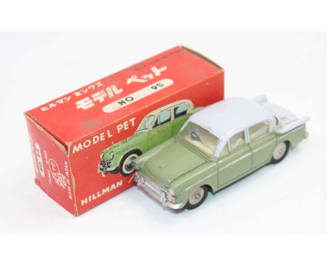 ATC Asahi Toy Company Model Pet No.9S Hillman Minx, green and grey body with cream interior, in the original card box (VG-BVG