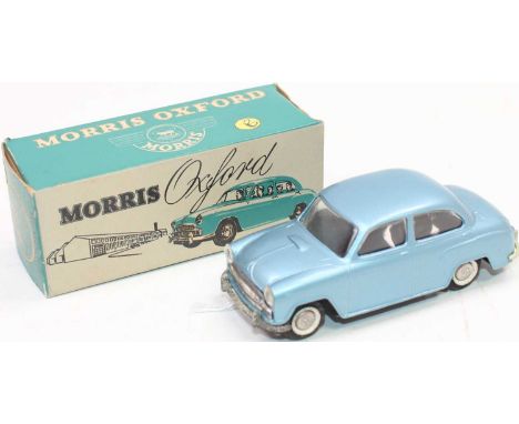 Tekno No.719 Morris Oxford, light metallic silver-blue, later issue white cast wheels with tinplate hubs, tinplate base, in t