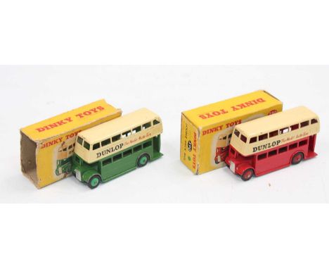 Dinky Toys no.290 Double-deck buses x2 boxed, one in red and cream (box flap one end taped back on), one in green and cream (