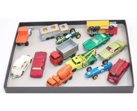 A small tray containing 13 unboxed Matchbox models in good-excellent condition to include a Merryweather Marquis Fire engine 