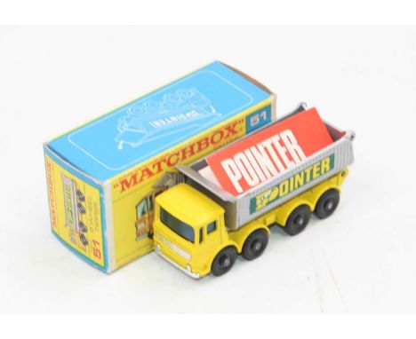 A rare issue of the Matchbox 51c AEC Tipper Truck "Pointer" promotional issue, in yellow with silver back just a few tiny pai