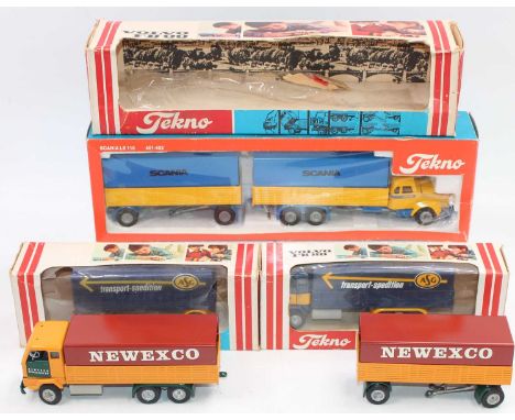 One large tray containing 4 boxed Tekno haulage models as follows: Tekno 425,420 Scania truck and trailer in "ASG" livery, wi