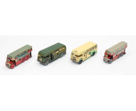 Wells, Brimtoy, Pocketoy and other tinplate and clockwork public transport group, 4 examples to include Wells Buy British Dou
