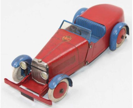 Meccano No.1 Motor Car Constructor, blue and red example, Meccano transfer to bonnet, model possibly over painted to bumper a