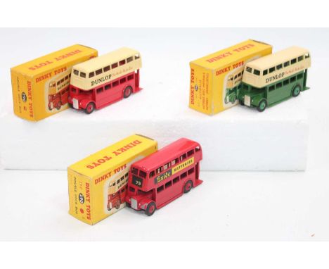 Dinky Toys no.290 Double-deck buses x3 boxed, one in red and cream in "Dunlop" livery(with correct box spot), one in green an