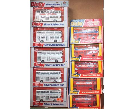 One tray of 10 Dinky Buses to 4x 297 Silver Jubillee issues, 2x 291 Atlantean "Kenning car" and 3x 289 Routemaster buses in "