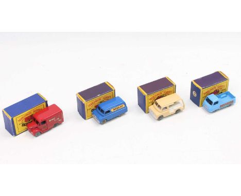 A group of 4 boxed Matchbox in Moko line drawn boxes as follows: No 47 Trojan van " Brooke Bond Tea" livery with MW, No.25 Be