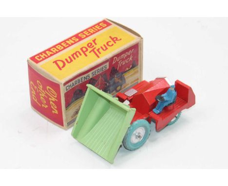 Charbens Series, Dumper Truck, red body with green bucket and driver figure, blue tyres with silver hubs in the original card