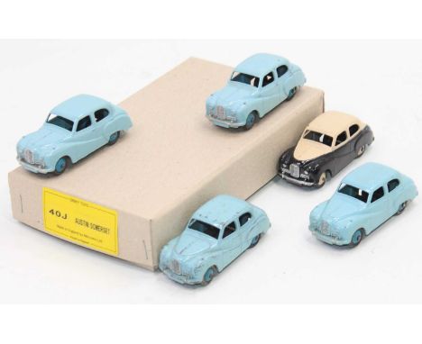 Dinky Toys 40j Austin Somersets in Reproduction Trade box containing 5 saloons, one in black and cream, 4 in light blue all w