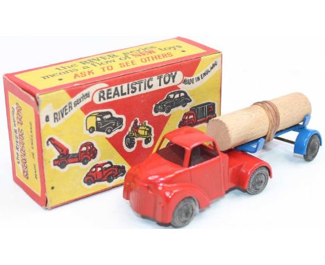 River Series Realistic Toy Made in England, Tractor Unit and Log Trailer with log, red cab with blue trailer and wooden log l