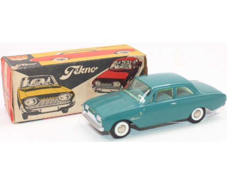 Tekno 826 Ford Taunus 17M - teal blue body, light green-tinted windows, blue interior, housed in the original card box (M-BVG