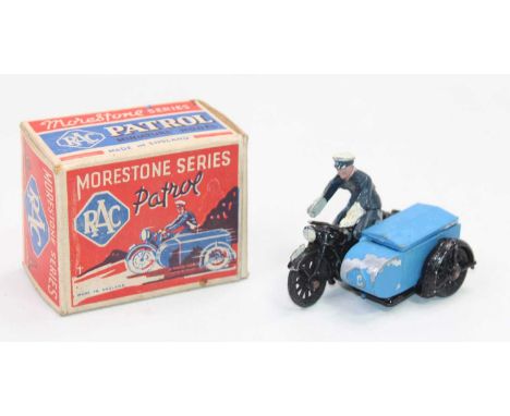 Morestone Series, RAC Patrol Motorcycle and Sidecar, black motorcycle and blue side car, with driver, model is heavily worn b