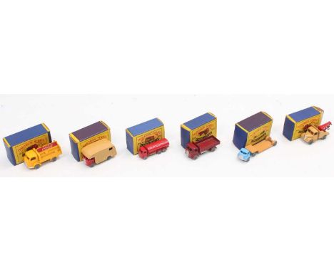 A small tray containing 6 Matchbox models all in worn but complete "Moko Lesney" boxes as follows: No.35 Marshall horse box w
