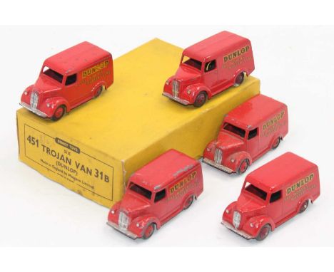 Dinky Toys 31b original Trade box containing 4 "Dunlop" Trojan Delivery Vans in poor-good condition (one has touch-ups),all w