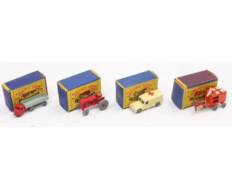 A small tray containing 4 Matchbox models all in worn but complete "Moko Lesney" boxes as follows: No.7 horse-drawn milk floa