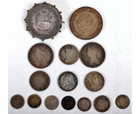 George III 1816 Shilling, Victoria ‘Gothic’ Florin 1852 and 1885, 2x1887 Shilling, Threepence 1914, 1918, 1896, 1934 and 1940