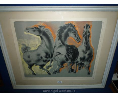 Hans Erni (1909-2015) large coloured Lithograph, framed and glazed of Three Horses/Trois Chevaux signed Hans Erni, artist, sc