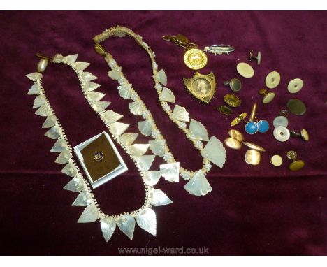 Two carved mother of pearl Necklaces and miscellaneous cufflinks