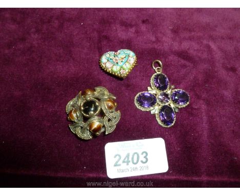 Two Brooches - a Heart Shaped Italian Micro-mosaic, a Celtic Knot with smokey quartz and an Amethyst Quadra foil Pendant