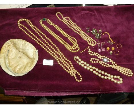 Four strings of cultured pearls; two with clasps, shell cufflinks, clip-on earrings, scrap gold, etc