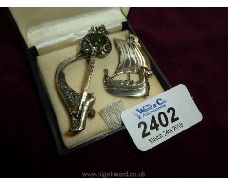 Two Celtic Brooches - A Pin with Cairngorm and a Viking Long Ship