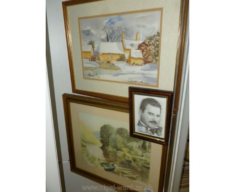 A framed well-executed Watercolour depicting a mill house and mill pond in the snow of winter, 9'' x 12 5/8'', a framed glaze