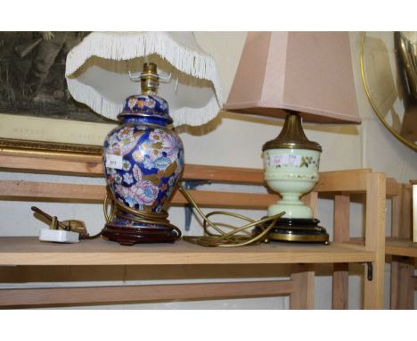 VICTORIAN OPAQUE GLASS OIL LAMP BASE CONVERTED TO A TABLE LAMP TOGETHER WITH A FURTHER MODERN ORIENTAL STYLE TABLE LAMP